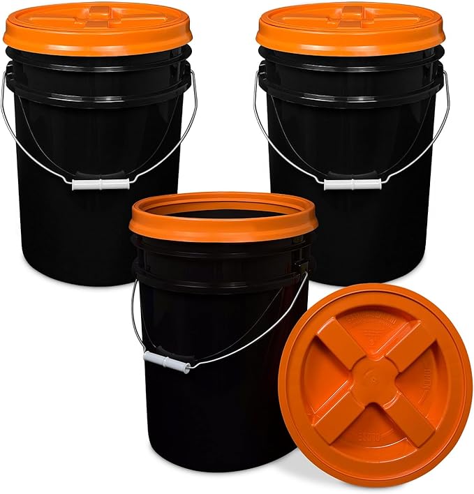 ePackageSupply 5 Gallon Bucket - Food Grade Bucket with Airtight Gamma Seal Screw-On Lid, BPA-Free, Heavy-Duty 90 Mil HDPE Plastic, Bulk Storage, Durable Container, Made in USA, Black/Orange, 3 Packs