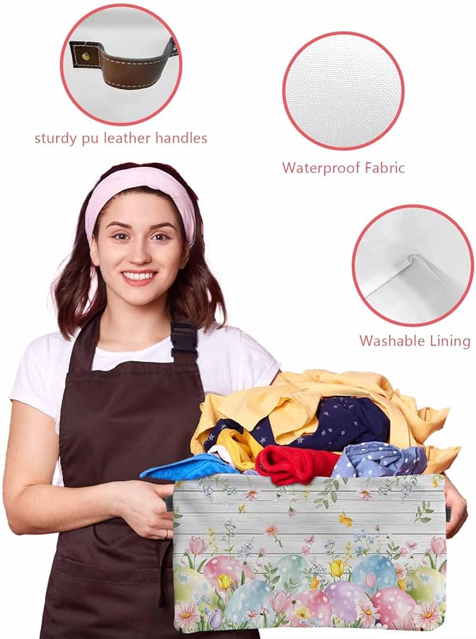 Easter Eggs Storage Bins Cubes Waterproof Cloth Storage Basket,Spring Daisy Eucalyptus Leaves Gray Wooden Foldable Storage Bags for Shelf Clothes Storages Organizers with Handles 15x11x9.5 in 1PCS