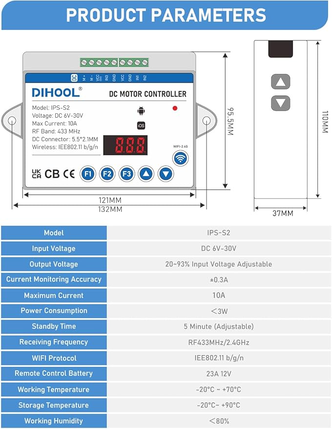 DIHOOL Electric Linear Actuator Controller with Current Limit, WiFi and Timer, Smart eWeLink Control, Remote Wireless 12V 24V DC Motor Controller, Rebound When Obstacles Protection, Load Safety