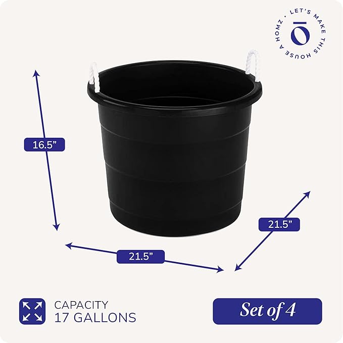 HOMZ 4-Pack Utility Tub, Large Plastic Storage Bucket with Rope Handles, 17 Gallon, Black - Portable Indoor and Outdoor Buckets for Kitchen, Laundry, Garden, Bathroom, and Garage Organization