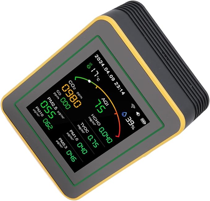 Yctze 15 in 1 Air Quality Detector, WiFi APP Control CO2 HCHO TVOC PM2.5 PM10 Temperature Humidity Monitor with Smart Timer & Real Time Data, Ideal for Indoor Air Quality Testing (Black Yellow)