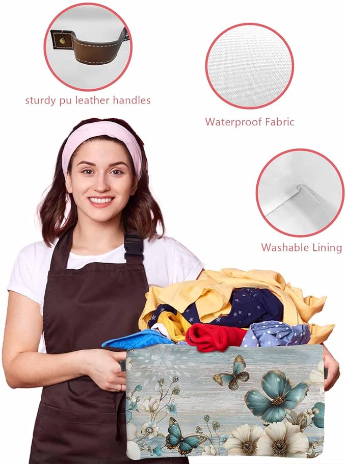 Teal Tulip Butterfly Storage Bins Cubes Waterproof Cloth Storage Basket,Beige Turquoise Floral Farmhouse Blue Foldable Storage Bags for Shelf Clothes Storages Organizers with Handles 15x11x9.5 in 2PCS