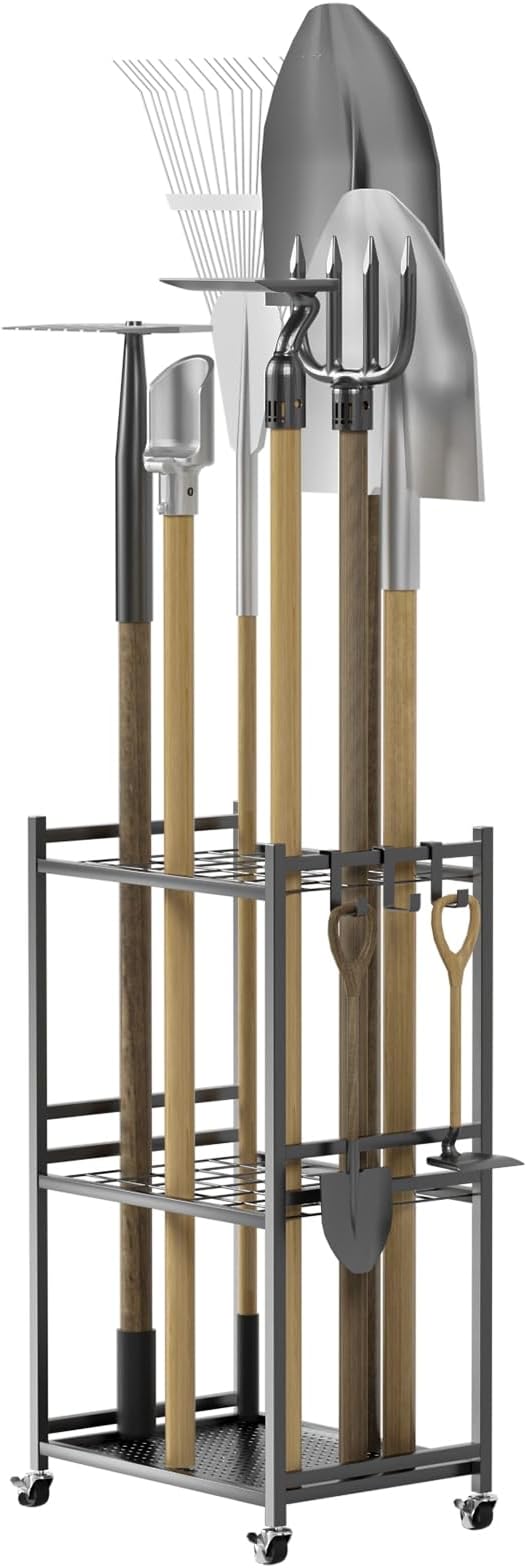 Garden Garage Tool Organizer 35-Slot with Wheels, Adjustable Feet Yard Tool Rack for Shovels, Rakes, Brooms and Cleaning Equipment Black