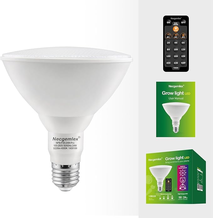 Smart LED PAR38 Grow Light, Dimmable, Sun Mode Dimming - Mimics Real Sunshine, Daily Run Auto Timer, Remote Control - Full Spectrum for Indoor Plant Growth
