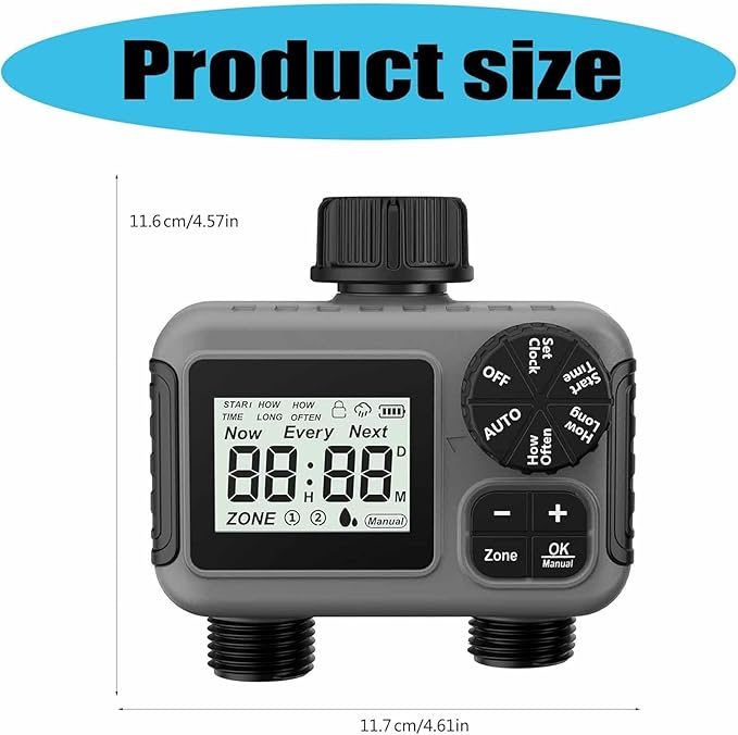 ERICAT 2 Zone Sprinkler Timer Automatic Irrigation Water Timer, Programmable Garden Hose Water-Saving Irrigation Controller with Digital Display and Electronic Lock, Stable Operation, for Yard