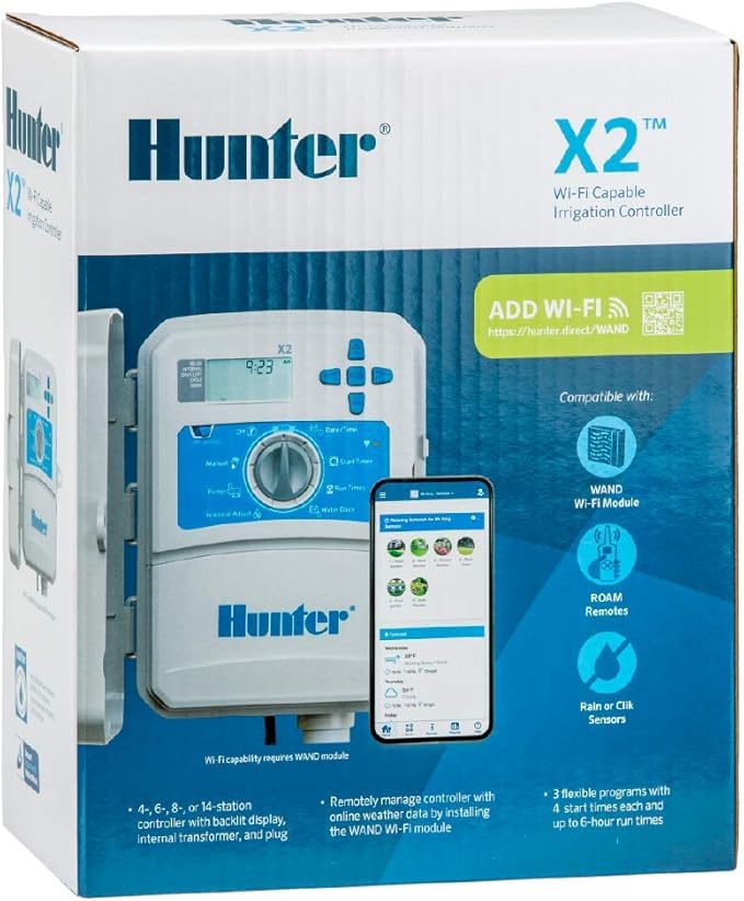 Hunter Hydrawise X2 8 Zone Sprinkler Controller, Outdoor Irrigation Timer for Lawn and Garden, Weather Based Scheduling, Cycle and Soak, Smart Controller Ready with Optional WiFi Module