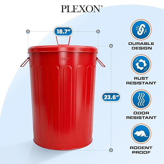 Plexon 20 Gallon Metal Trash Can with Lid Outdoor Large Trash Bin Steel Garbage Can for Garage Patio Farmhouse Bucket Bird Seed Storage Can Heavy Duty Round Container, Red 3 Pack