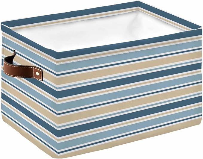 Khaki Blue Striped Storage Bins Cubes Waterproof Cloth Storage Basket,Farmhouse Stripes Modern Abstract Art Foldable Storage Bags for Shelf Clothes Storages Organizers with Handles 15x11x9.5 in 1PCS
