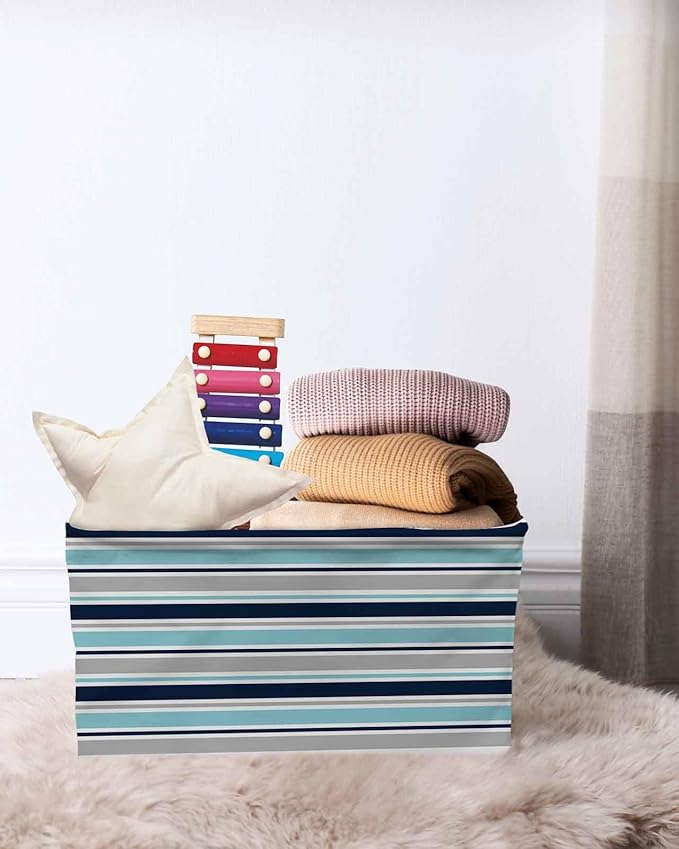 Grey Blue Striped Storage Bins Cubes Waterproof Cloth Storage Basket,Farmhouse Stripes Abstract Art Navy Blue Foldable Storage Bags for Shelf Clothes Storages Organizers with Handles 15x11x9.5 in 2PCS