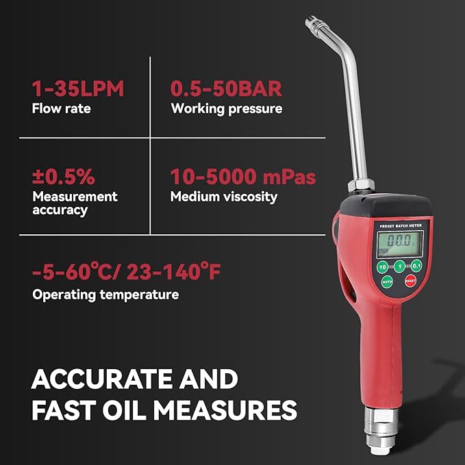 Poafamx Preset Digital Oil Control Valve Meter Nozzle, 10GPM/35LPM Heavy Duty Pneumatic Oil Gun, 7-725 Psi 0.5-50bar High Precision Oil Lubricant Nozzle 1/2" inch NPT Inlet with Flow Meter