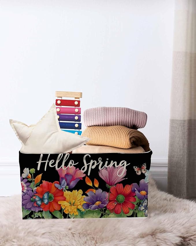 Spring Flowers Storage Bins Cubes Waterproof Cloth Storage Basket,Watercolor Country Colorful Floral Black Foldable Storage Bags for Shelf Clothes Storages Organizers with Handles 15x11x9.5 in 2PCS