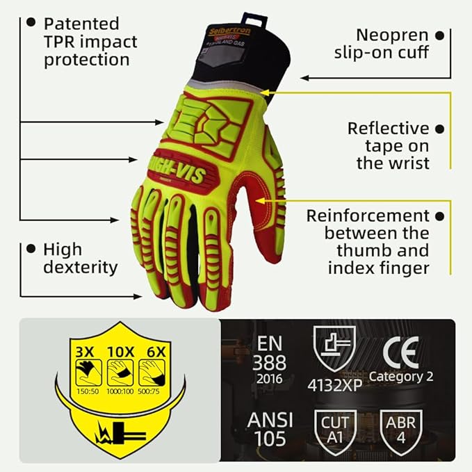 Seibertron High-Vis Series Cut Resistant Reducing Anti-Impact Mechanics Heavy Duty Safety Rescue Oil and Gas Gloves