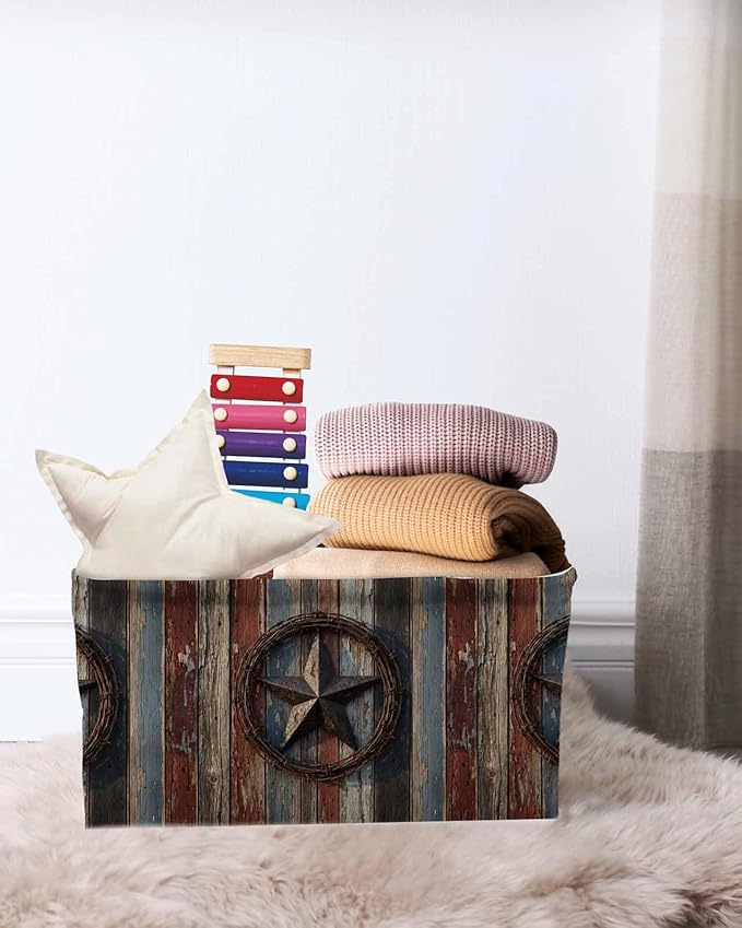 Western Texas Star Retro Storage Bins Cubes Waterproof Cloth Storage Basket, Country Farmhouse Brown Wooden Foldable Storage Bags for Shelf Closet Clothes Organizers with Handles 15x11x9.5 in 2PCS