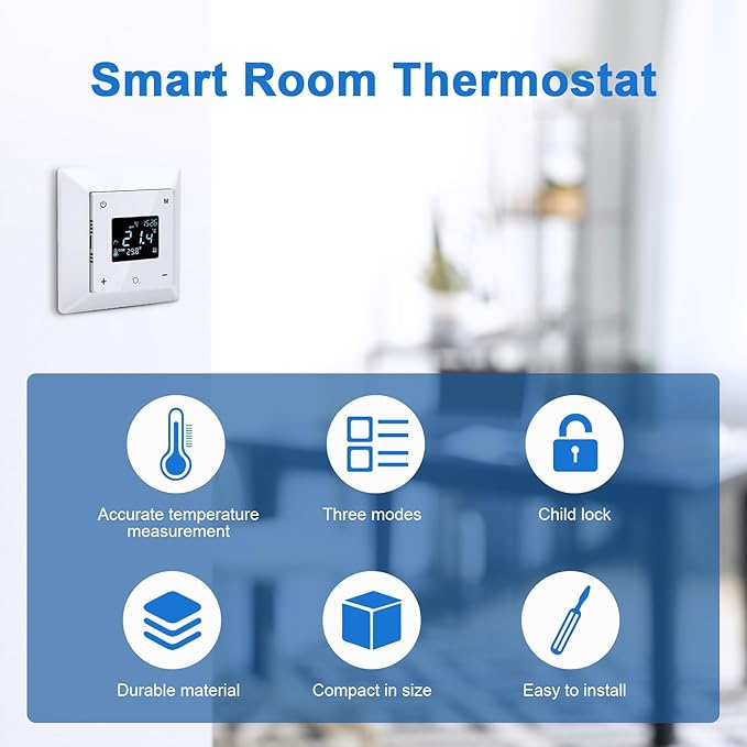 Touchscreen Programmable Thermostat for Electric Floor Heating System, 7-day Timing Settings Backlight LCD Display Safety Lock Automatic Calibration Low Temperature Protection NTC Floor & Air Sensing