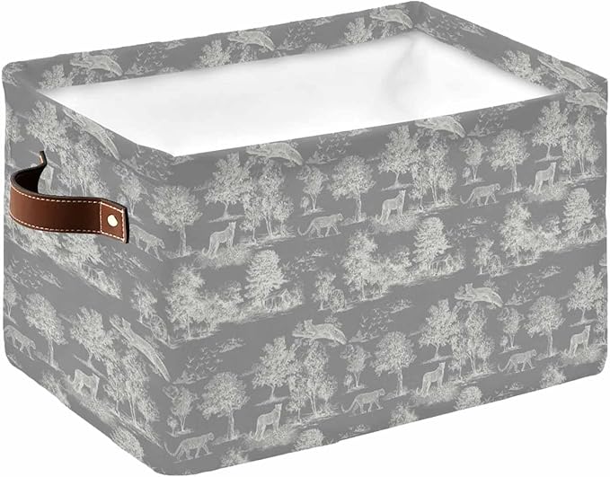 Tiger Leopard Storage Bins Cubes Waterproof Cloth Storage Basket, Grey Rustic Forest Trees Farmhouse Animals Foldable Storage Bags for Shelf Closet Clothes Organizers with Handles 15x11x9.5 in 1PCS