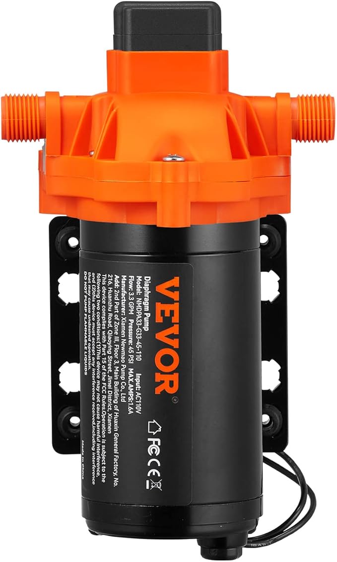 VEVOR Water Pressure Diaphragm Pump, RV Water Pump, Fresh Water Pump110V AC, 3.3 GPM, Pressure Adjustable, Self Priming Sprayer Pump with Pressure Switch for RV Camper Marine Boat Lawn, FCC Certified