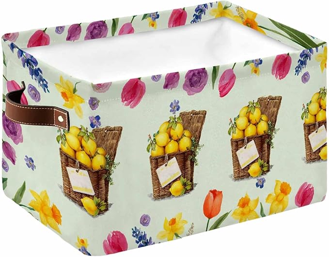 Spring Floral Storage Bins Cubes Waterproof Cloth Storage Basket, Watercolor Lemons Garden Flowers Rustic Green Foldable Storage Bags for Shelf Closet Clothes Organizers with Handles 15x11x9.5 in 1PCS