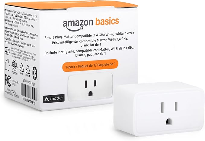 Amazon Basics Smart Plug, Matter Compatible, Compatible with Amazon Alexa, Google Home, Apple HomeKit, Voice Control, Control Appliances, Matter Hub Required, 2.4 GHz Wi-Fi Only, 1-Pack, White