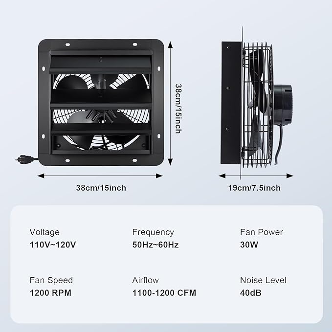 GROWNEER 12 Inch Shutter Exhaust Fan with Temperature Humidity Controller, 1200 CFM Remote Control Vent Fan, 10-Speed Adjustable Wall Mount Attic Fan for Greenhouses Garages Sheds