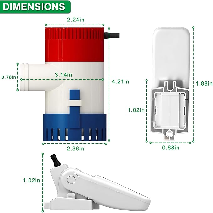 750 GPH Marine Bilge Pump,12V DC Submersible 1-1/8 Inch Diameter Electic Rule Bilge Water Pump Kit,with Automatic Float Switch High-Flow Fully Bilge Pumps for Boats RVs Yachts Caravans
