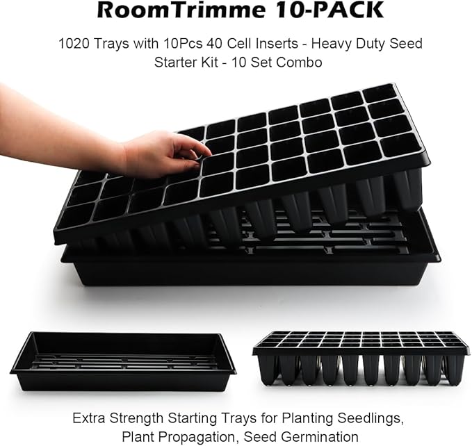 RooTrimmer 10 Pack 1020 Seed Starter Trays and 10 Pcs 40 Cell Plug Trays, Thick Durable Seedling Plastic Nursery Tray for TD542 1020 Tray Germination (10 Sets)