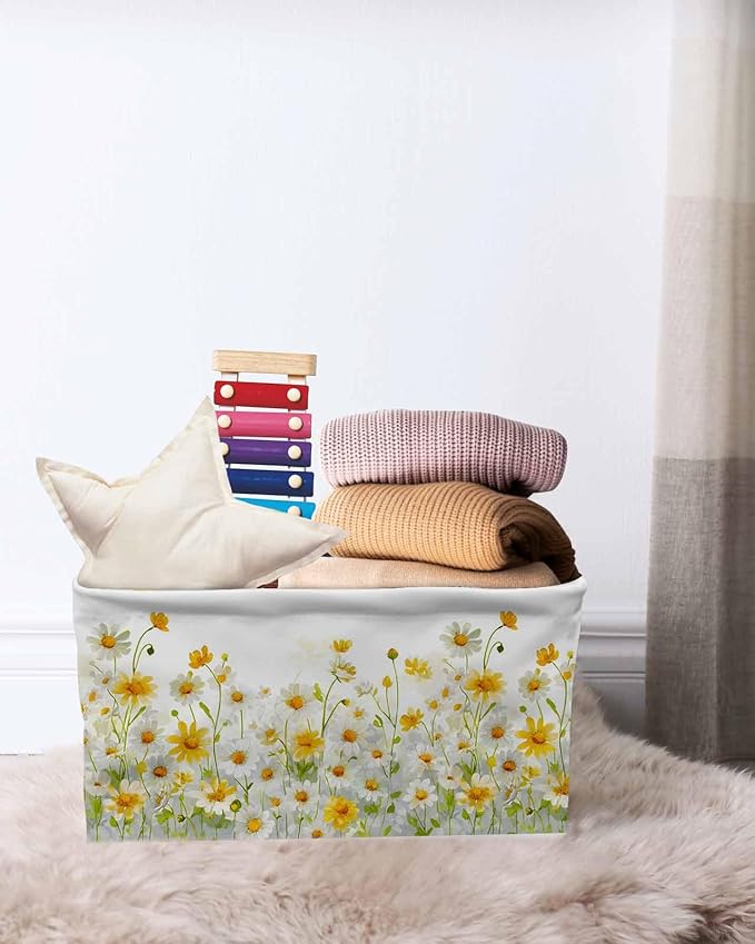 Yellow White Daisy Storage Bins Cubes Waterproof Cloth Storage Basket, Farmhouse Garden Flowers Blossom Foldable Storage Bags for Shelf Closet Clothes Organizers with Handles 15x11x9.5 in 2PCS