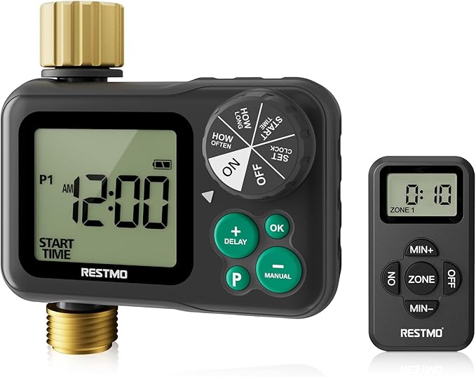 RESTMO Remote Control Brass Sprinkler Timer for Outdoor Hose Faucet, Up to 11h59m Programmable Watering Timer for Soaker Hose, Misting with Large Dial, Rain Delay/Manual/Automatic Irrigation System