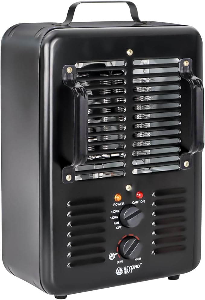 BEYOND HEAT Milkhouse Space Heater, 1300W/1500W Electric Heater with Thermostat, 3 Heat Settings, Safe and Quiet for Home Garage Workshop Warehouse, Black