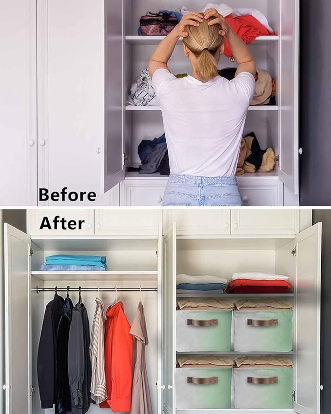 Sage Green Grey Ombre Storage Bins Cubes Waterproof Cloth Storage Basket, Farmhouse Gradient Minimalist Foldable Storage Bags for Shelf Clothes Storages Organizers with Handles 15x11x9.5 in 1PCS
