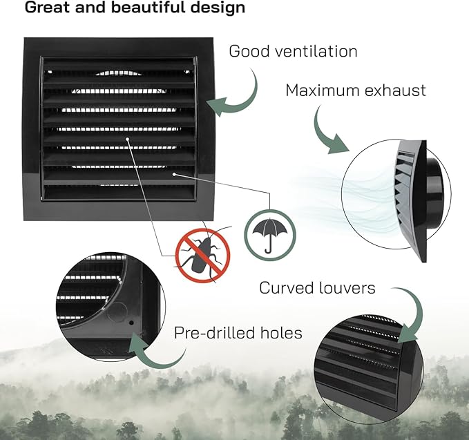 Vent Systems 4” Inch Black Plastic Exterior Vent Hood Cap – Heavy-Duty Louvered Cover with Protective Mesh Screen – HVAC Exhaust Grille for Home Office Garage Outdoor Wall Applications