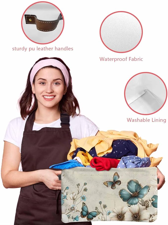 Teal Tulip Butterfly Storage Bins Cubes Waterproof Cloth Storage Basket,Turquoise Floral Farmhouse Beige Foldable Storage Bags for Shelf Clothes Storages Organizers with Handles 15x11x9.5 in 1PCS