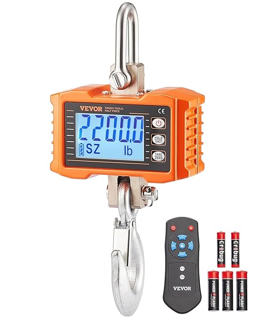 VEVOR Digital Crane Scale, 2200 lbs/1000 kg, Industrial Heavy Duty Hanging Scale with Remote Control, Cast Aluminum Case & LCD Screen, High Precision for Construction, Factory, Farm, Hunting (Orange)