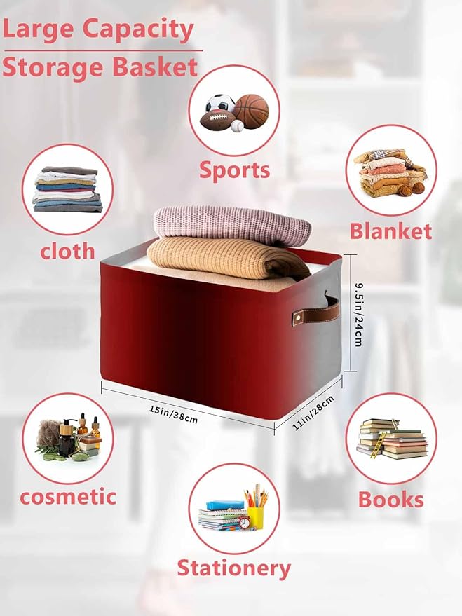 Dark Red Grey Black Ombre Storage Bins Cubes Waterproof Cloth Storage Basket,Farmhouse Gradient Minimalist Foldable Storage Bags for Shelf Clothes Storages Organizers with Handles 15x11x9.5 in 2PCS