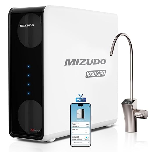MIZUDO Reverse Osmosis Water Filtration System, 9-Stage Tankless Reverse Osmosis Water Filter, 1000GPD 3:1 Pure to Drain, Smart WiFi RO System Under Sink, LED Faucet, Reduce PFAS