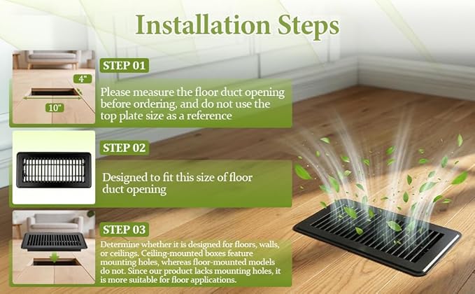 Floor Vent Cover, 4 X 10 Floor Register Vents, Heavy Duty Steel Walkable Heat Register Cover with Adjustable Louvers & Rust Proof Finish, Durable Air Vent for Homefloor, Sidewall, Ceiling