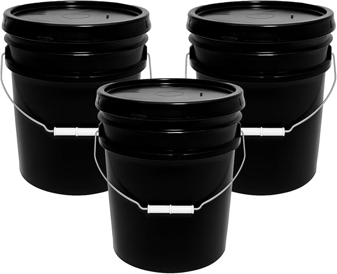 MKS Plastics 5-Gallon Bucket with Airtight Lid – Made in USA, Food Grade BPA Free Plastic, Heavy Duty Multi-Use, Metal Handle with Grip, Stackable Storage – Black, 3 Pack