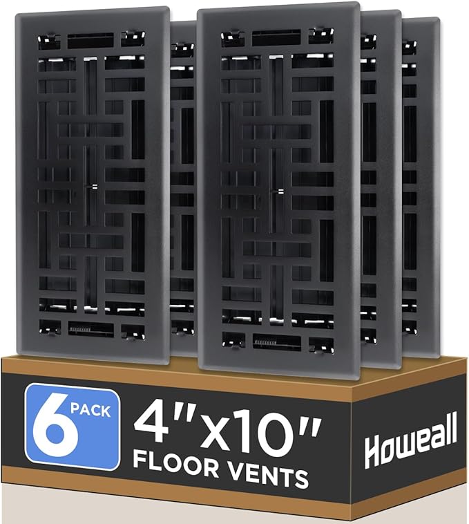 Howeall 4x10 Inches 6 Pack Heavy Duty Walkable Floor Register - Easy Adjust Air Supply Lever Decorative Floor Vent Covers, Seattle Design Vent Covers for Home - Matte Black