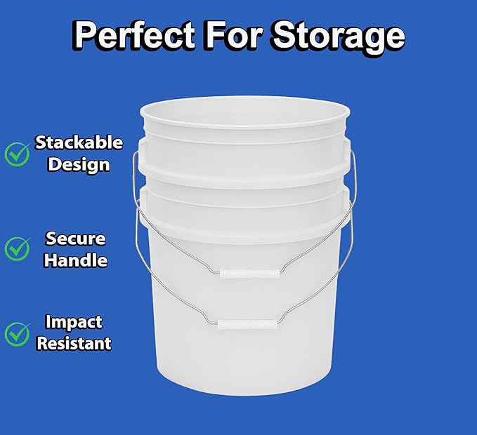 MKS Plastics 5-Gallon Bucket Only – No Lid Included, Made in USA, Food Grade BPA Free Plastic, Heavy Duty Multi-Use, Metal Handle with Grip, Stackable Storage – White, 6 Pack
