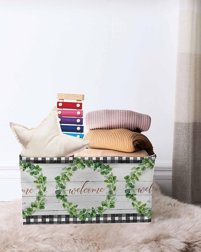 Spring Eucalyptus Leaves Storage Bins Cubes Waterproof Cloth Storage Basket,Farmhouse Botanical Gray Wood Foldable Storage Bags for Shelf Clothes Storages Organizers with Handles 15x11x9.5 in 2PCS