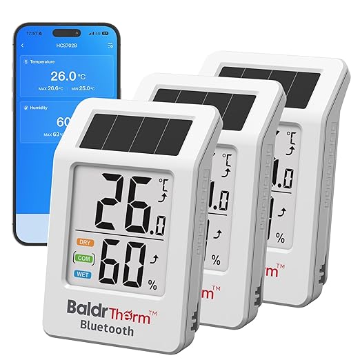BaldrTherm Bluetooth Thermometer Wireless, Smart Thermometer with App Control, 200ft Coverage, Offline Storage, Trend Charts, Real-Time Alerts for Home, Pet Cage, Indoor/Outdoor Use, White, 3pack