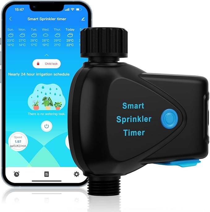 Water Timer for Garden Hose, 2.4GHz WiFi Smart Hose Sprinkler Timer with Tuya/Smart Life App, GreenVation Measure Gallon/Liter Consumption and Flow Rate, Water Flow Meter