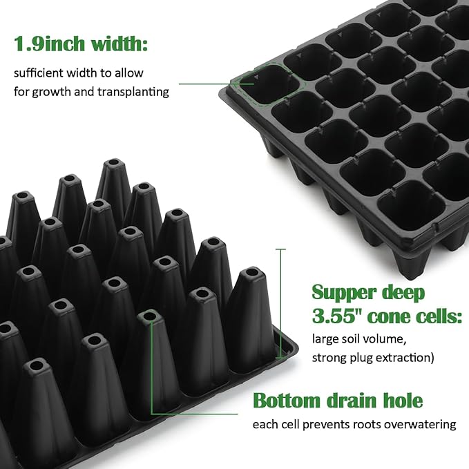 RooTrimmer 50-Pack Extra-Deep 50 Cell Seed Starter Trays, 3.55" Cone-Shaped Plug Trays for 1020 Flats, Heavy-Duty Plastic Germination Trays for Greenhouse, Garden & Urban Farming