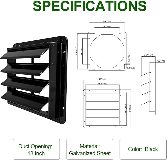 Galvanized Sheet Automatic Exhaust Louver Vent (Fan Blades and Motor Not Included) for Residential Attics, Workshops, Barns, Greenhouses (18inch)