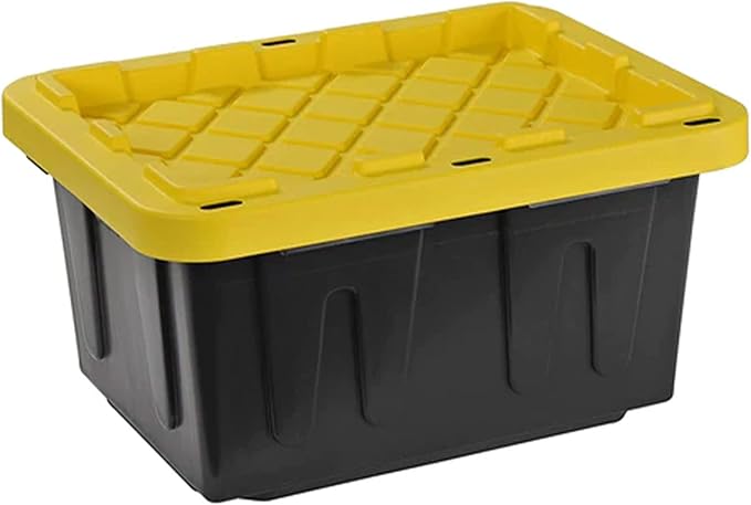 Juggernaut Storage Multipurpose 5 Gallon Lockable Plastic Storage Tote with Secure Snap Fitting Lid for Home Organization, Black/Yellow (Set of 2)