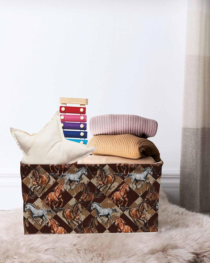 Vintage Gray Brown Horses Storage Bins Cubes Waterproof Cloth Storage Basket,Farmhouse Plaid Country Animals Foldable Storage Bags for Shelf Clothes Storages Organizers with Handles 15x11x9.5 in 2PCS