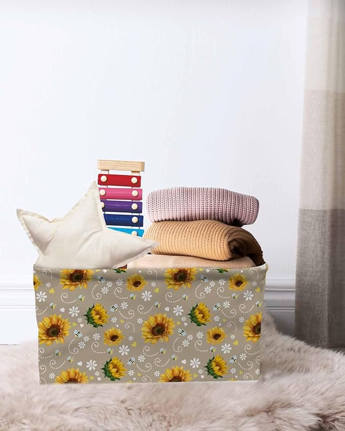 Brown Yellow Sunflower Storage Bins Cubes Waterproof Cloth Storage Basket,Summer Botanical Farmhouse Floral Foldable Storage Bags for Shelf Clothes Storages Organizers with Handles 15x11x9.5 in 1PCS