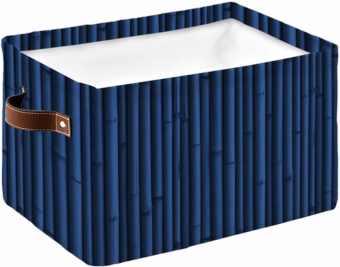 Dark Blue Storage Bins Cubes Waterproof Cloth Storage Basket, Retro Farmhouse Plants Wall Lines Texture Foldable Storage Bags for Shelf Clothes Storages Organizers with Handles 15x11x9.5 in 1PCS