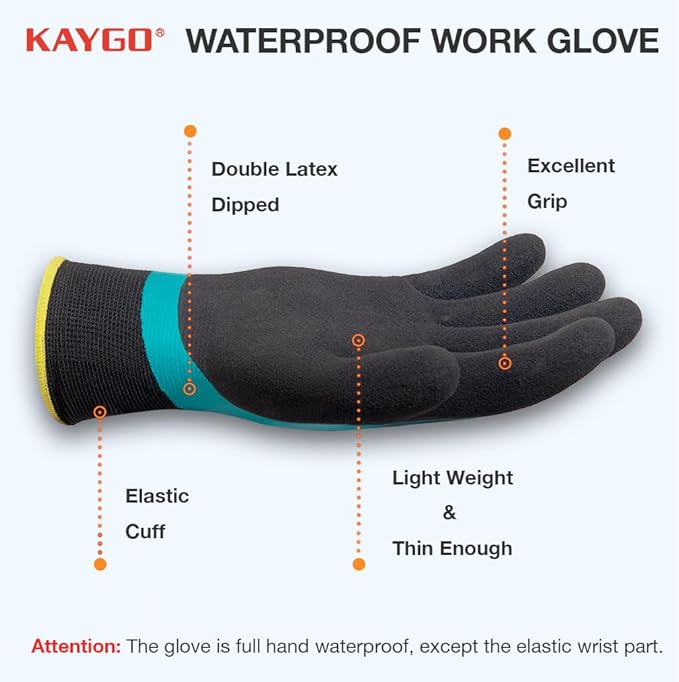 KAYGO Waterproof Work Gloves for Men and Women, 3 pairs Rubber Coated Non-slip Working Gloves for Garden, Outdoor Construction (Blue, L)