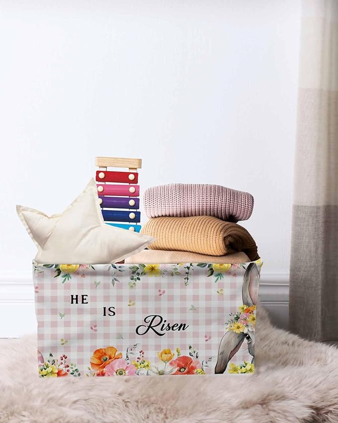 Easter Plaid Storage Bins Cubes Waterproof Cloth Storage Basket,Spring Watercolor Bunny Flower Pink Checkered Foldable Storage Bags for Shelf Clothes Storages Organizers with Handles 15x11x9.5 in 1PCS