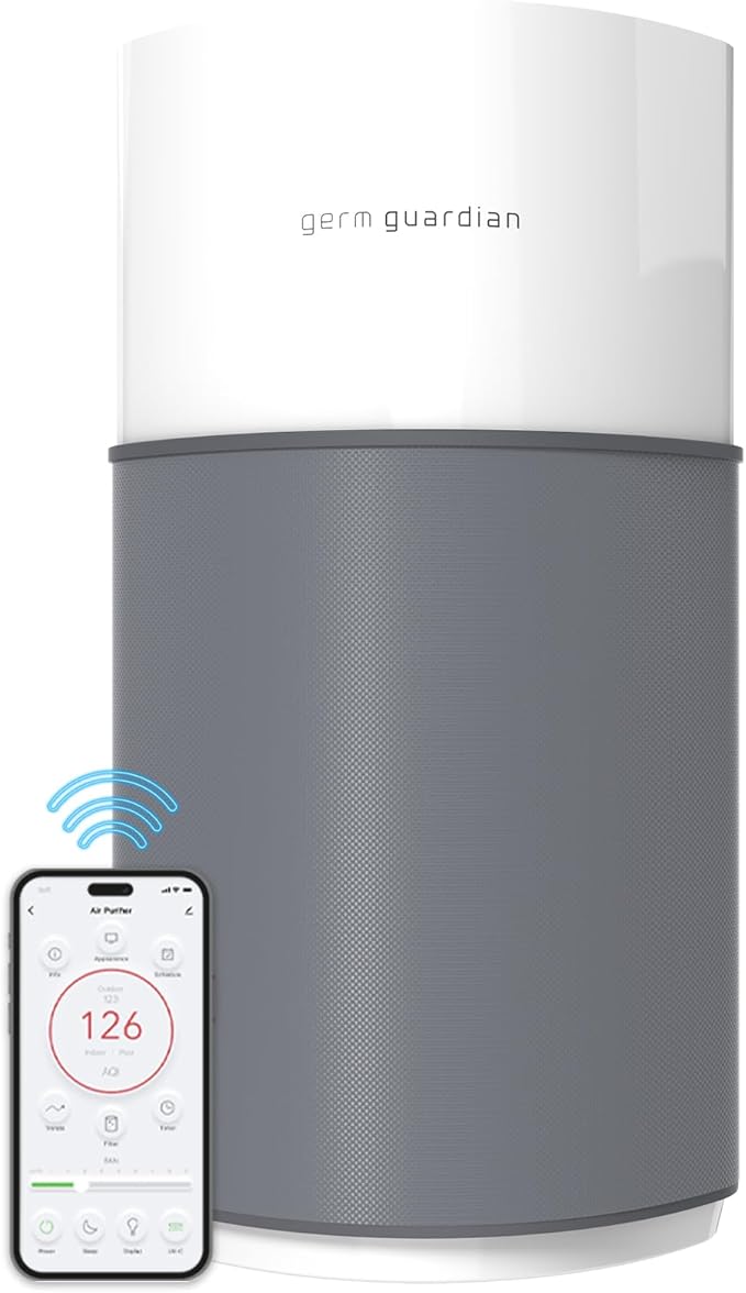 GermGuardian AirSafe XL Smart Air Purifier for Home 360° True HEPA Filter, WiFi and App Enabled, Air Quality Monitor, Large Rooms Up to 1680 Sq Ft, For Smoke, Dust, Pet Dander, Gray/White, AP3250